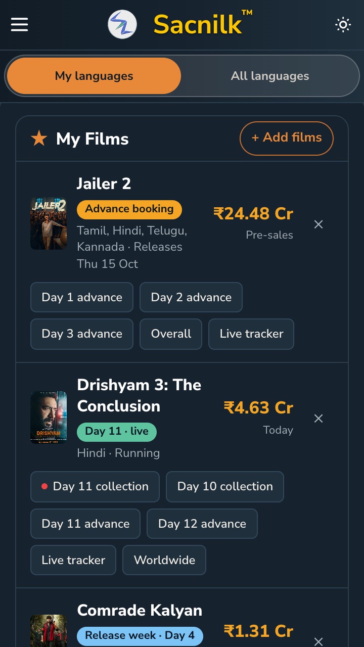 The Sacnilk home page in My languages view, dark theme