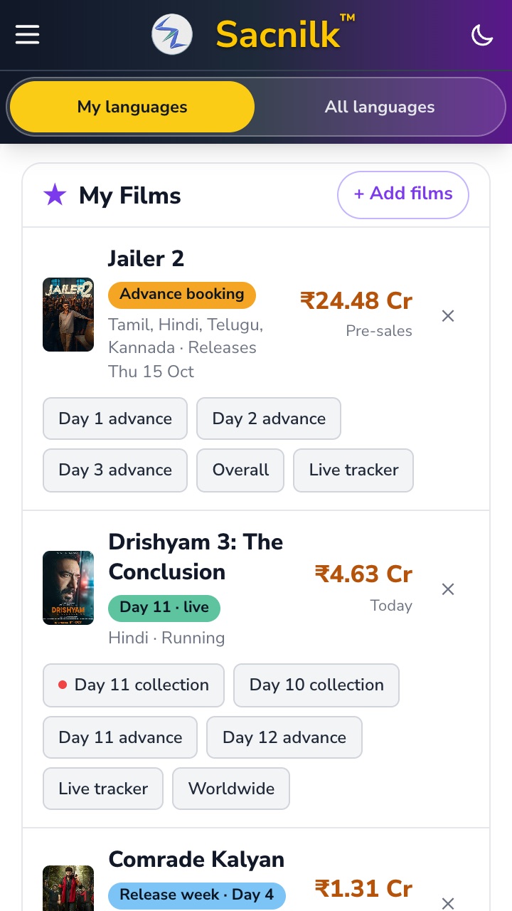 The Sacnilk home page in My languages view: a My languages / All languages switch at the top, the reader's followed films, then Live now